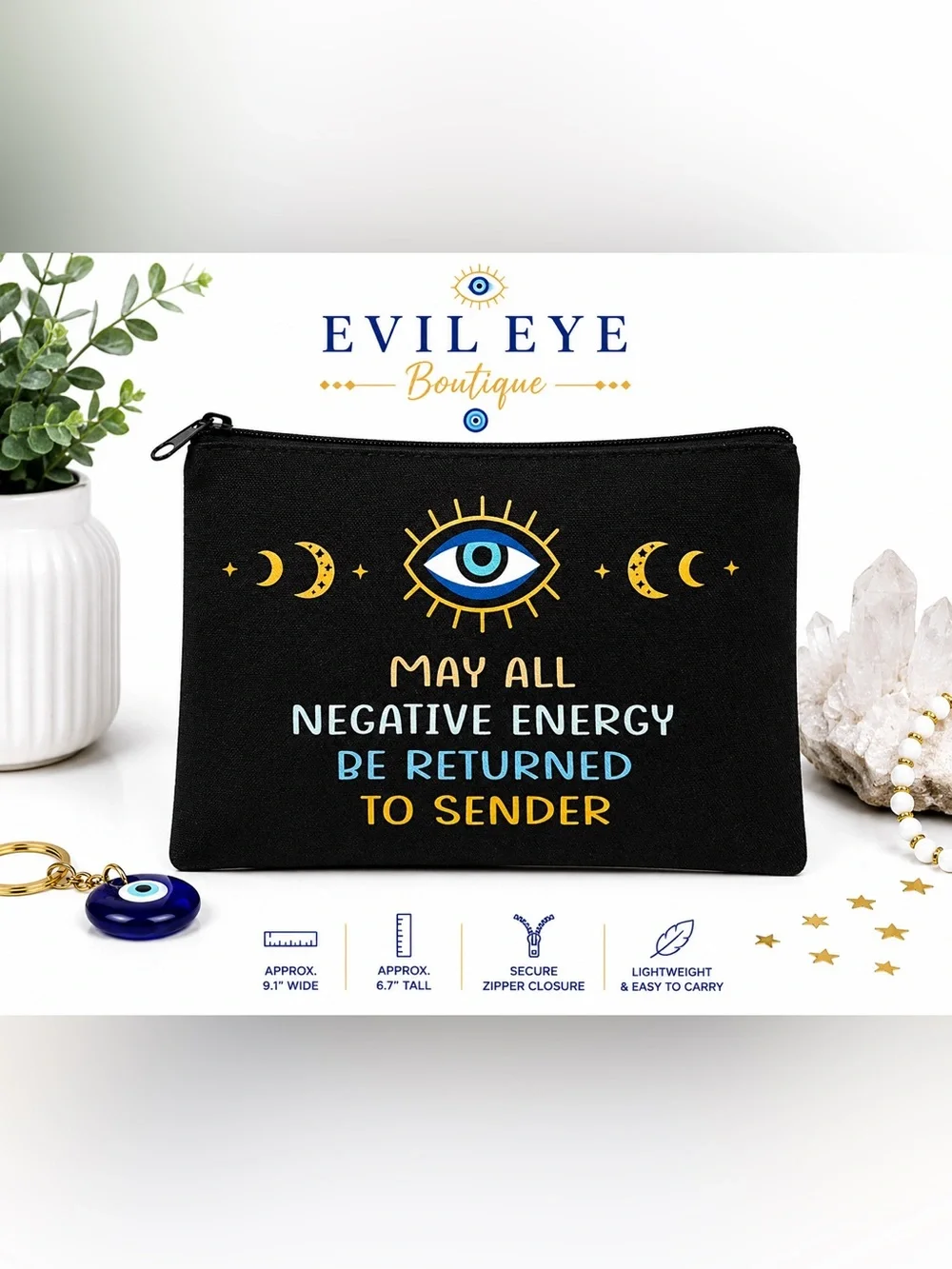 🧿Black Zip Pouch – 'May All Negative Energy Be Returned'🧿🌟